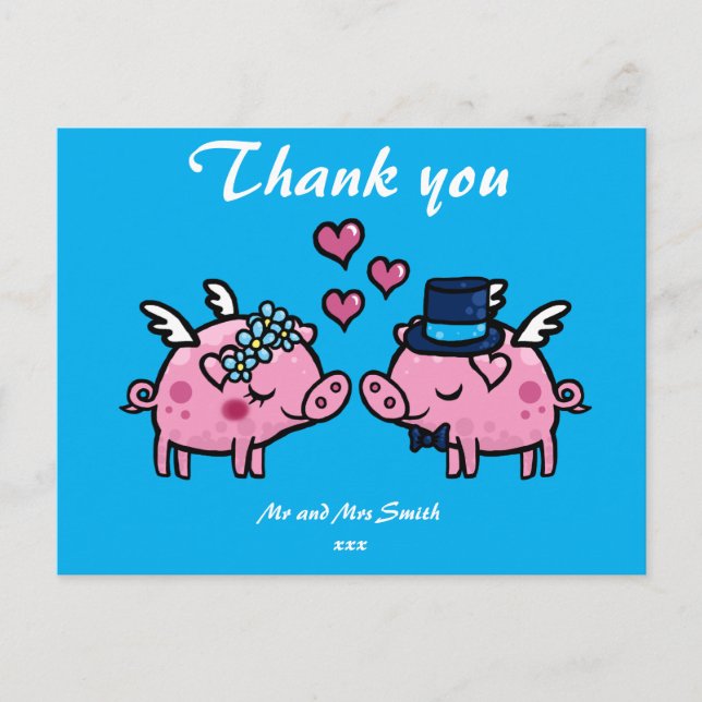 Thank you flying pig bride and groom postcard (Front)