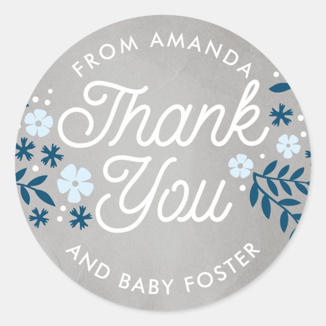 Thank You Folky Floral Blue Baby Shower Favour Classic Round Sticker (Front)