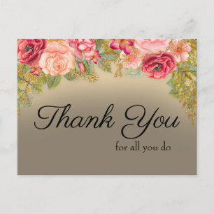 Thank You for All You Do Pink Red Gold Floral Postcard