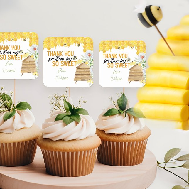 Thank You for Bee-ing so Sweet Honeycomb Beehive Square Sticker (Thank you for Bee-ing so Sweet stickers - perfect for cupcake toppers, sweet treats and favors.)