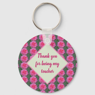 Thank You for Being My Teacher Pink Rose Pattern Key Ring