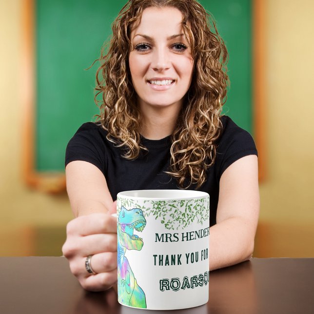 Thank You For Being Roarsome Teacher Name Coffee Mug (Dinosaur thank you for being roarsome personalized teacher appreciation coffee mug)