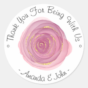 Thank You For Being With Us Name Pink Rose White Classic Round Sticker