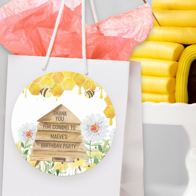 Thank You for Coming Bee Themed Birthday Party Classic Round Sticker (Thank You for coming stickers with bee theme. Add your thank you wording to the beehive.)