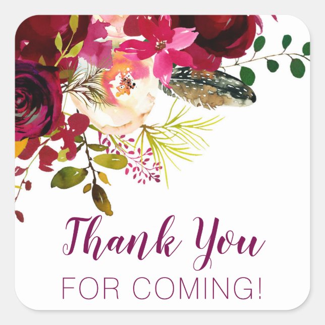 Thank you for coming, burgundy floral favour square sticker (Front)