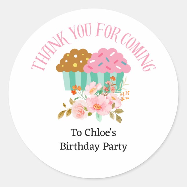 Thank You For Coming Cupcake Floral Birthday Classic Round Sticker (Front)