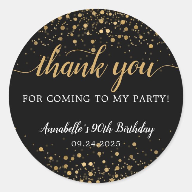 Thank You For Coming Gold Confetti Birthday Black Classic Round Sticker (Front)