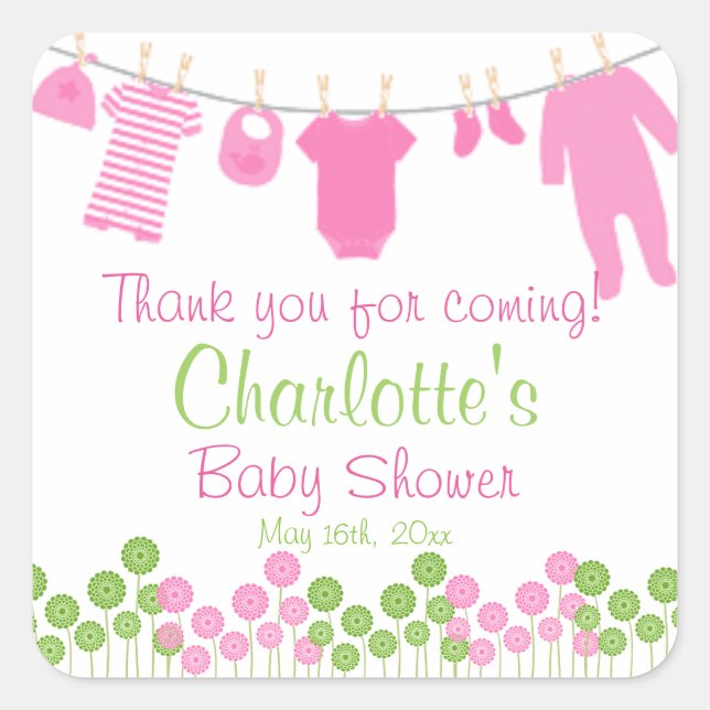 Thank You For Coming! Pink Clothesline Baby Shower Square Sticker (Front)