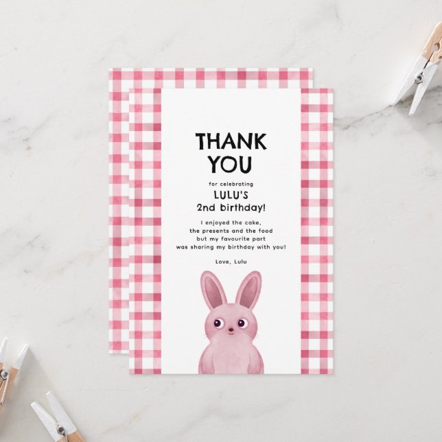 Thank you for coming to birthday pink bunny girl i invitation (Front/Back In Situ)