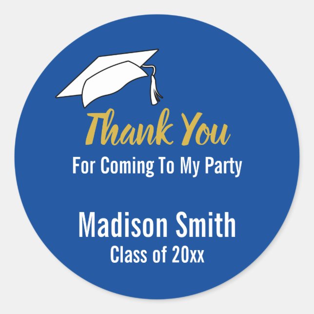 Thank You for Coming to My Party Blue Graduation Classic Round Sticker (Front)