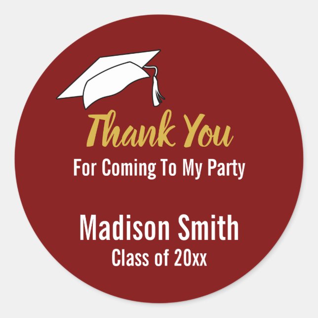 Thank You for Coming to My Party Dp Red Graduation Classic Round Sticker (Front)