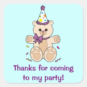 Thank you for Coming to My Party with Teddy Bear Square Sticker
