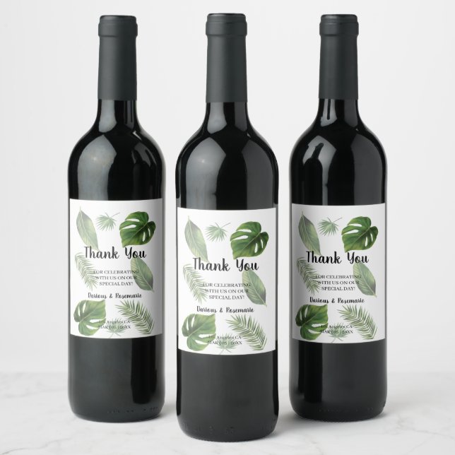 Thank You for Coming Tropical Palm Wedding Favour  Wine Label (Bottles)
