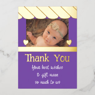Thank you for gifts for new baby purple foil card