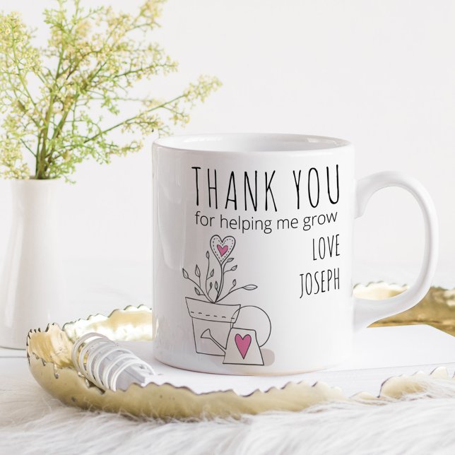 Thank You for Helping Me Grow Pink Plant Doodle Coffee Mug (Teacher gift mug .. Thank you for helping me grow)