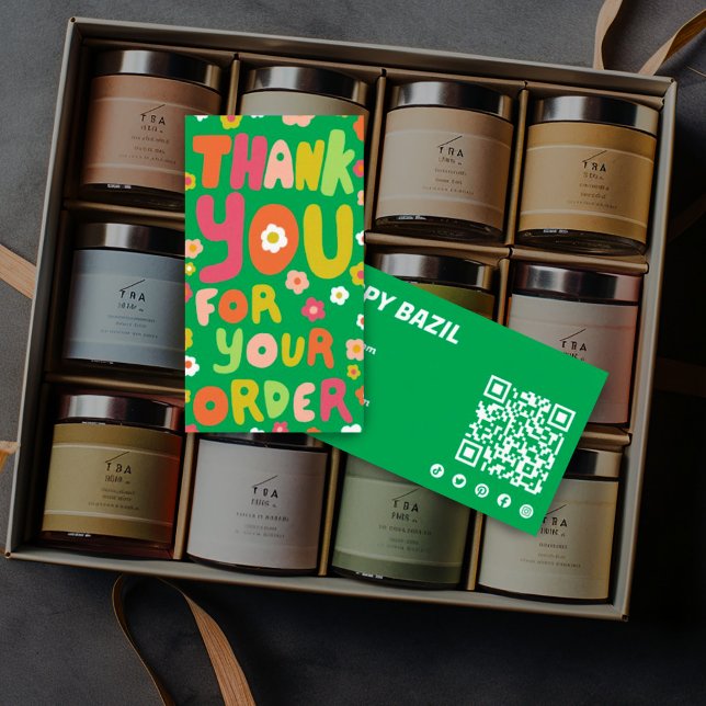 Thank You for Order Daisies Cute Social QR Code  Business Card (Colorful handlettered daisy thank you card with QR code and social icons)