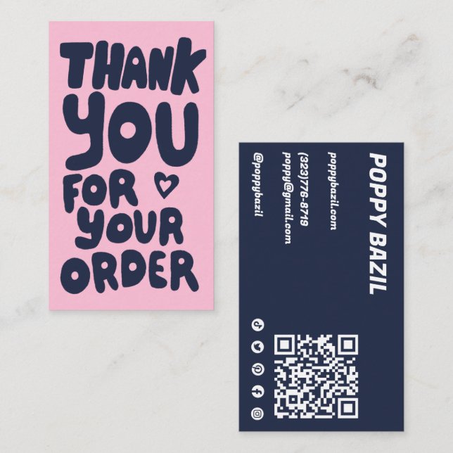 Thank You for Order Social Icons QR Code Navy Blue Business Card (Front/Back)