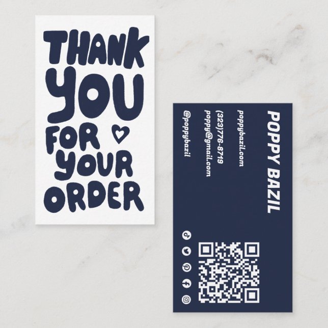 Thank You for Order Social Icons QR Code Navy Blue Business Card (Front/Back)