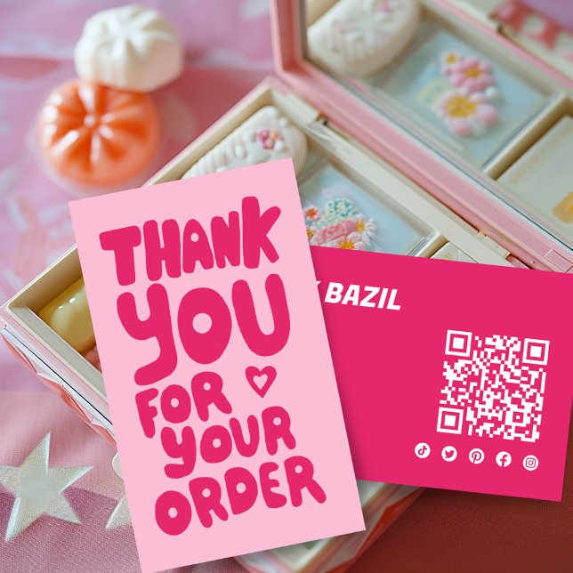 Thank You for Order Social Icons QR Code Pink Cute Business Card (Thank You for Order Social Icons QR Code Pink Cute Handlettering Girly Business Card)