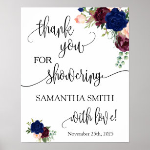 Thank you for showering bride to be navy floral poster