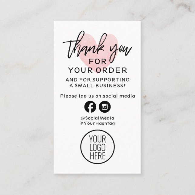 Thank You For Your Order Black and Pink Heart Business Card (Front)