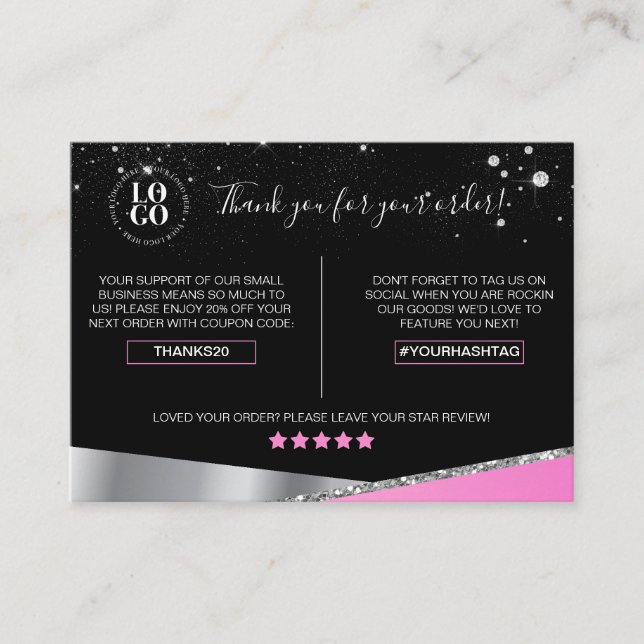 Thank You For Your Order Glam Pink Diamond Business Card (Front)