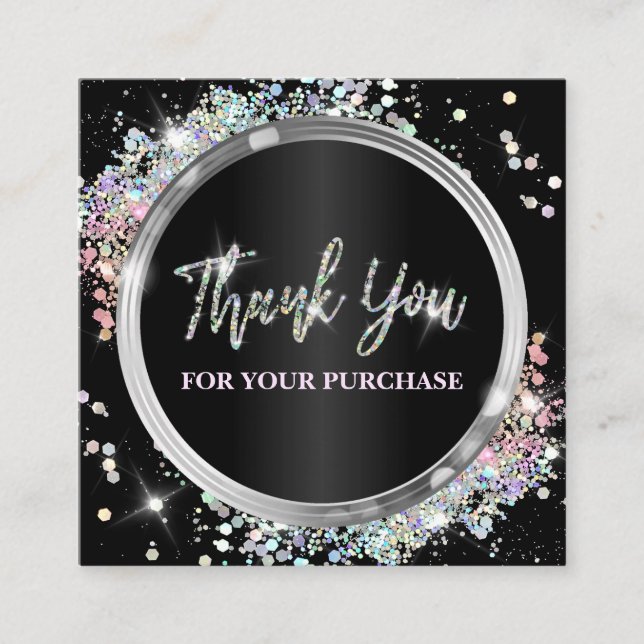 Thank You For Your Purchase Glittery Black Square Business Card (Front)