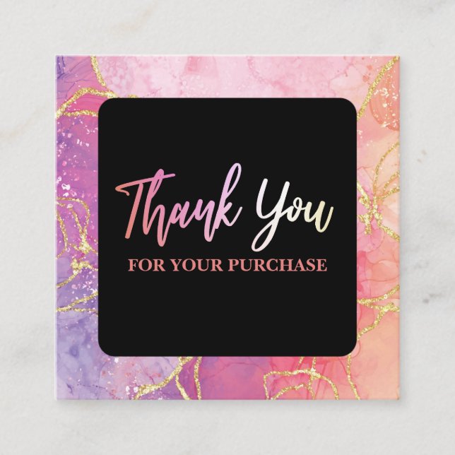 Thank You For Your Purchase Pink And Gold Ink Square Business Card (Front)