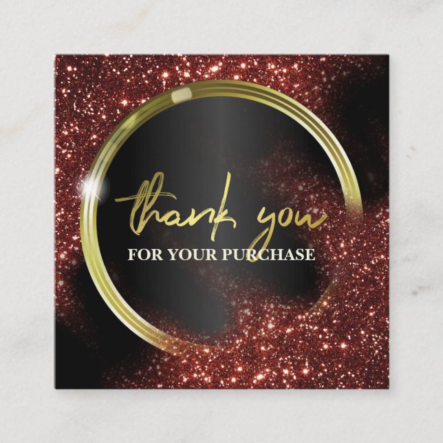 Thank You For Your Purchase Red Glitter On Black Square Business Card (Front)