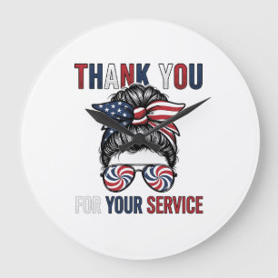 Thank You For Your Service Patriotic Messy Bun Shi Large Clock