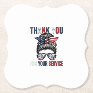 Thank You For Your Service Patriotic Messy Bun Shi Paper Coaster