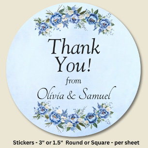Thank You from Bride & Groom Names Blue Peony  Classic Round Sticker