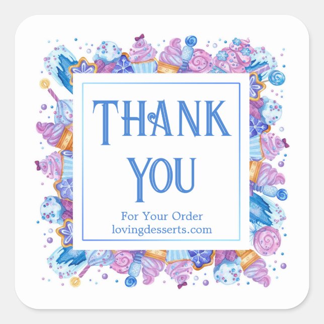 Thank You Fun Ice Cream Cake Blue Square Sticker (Front)