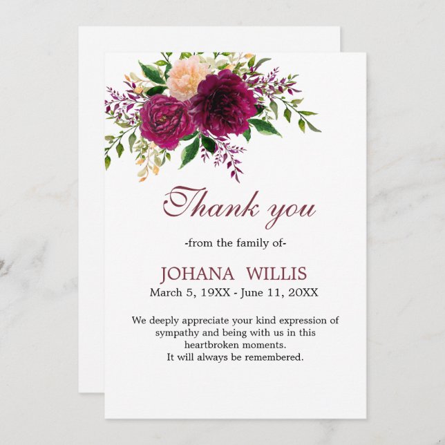 Thank You Funeral Floral Purple Memorial Card (Front/Back)