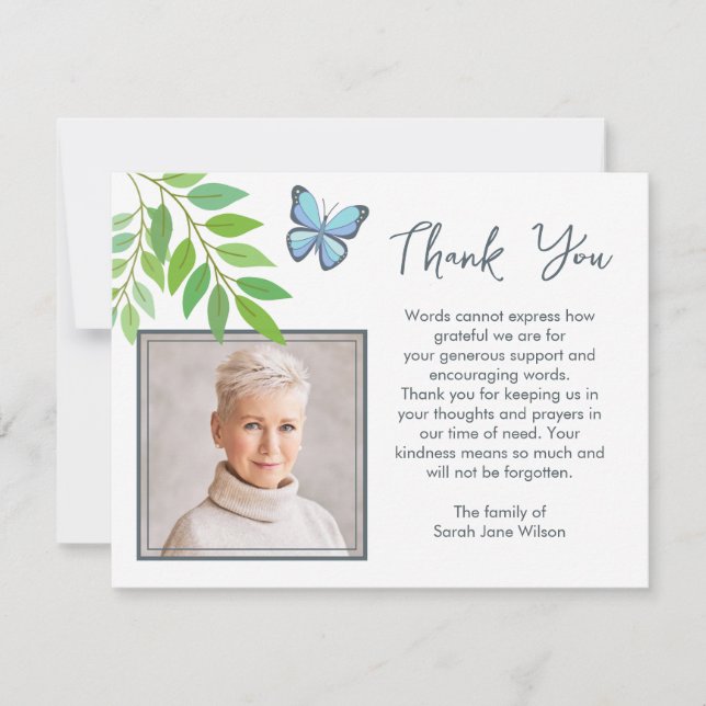 Thank you Funeral Note Card Butterfly leaves (Front)
