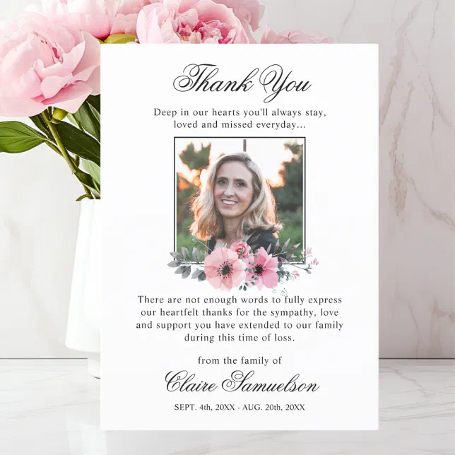 Thank You Funeral Sympathy Pink Flowers PHOTO Zazzle.co.nz