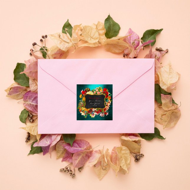 Thank You Gift Label Gold Teal Green Roses Floral (Creator Uploaded)