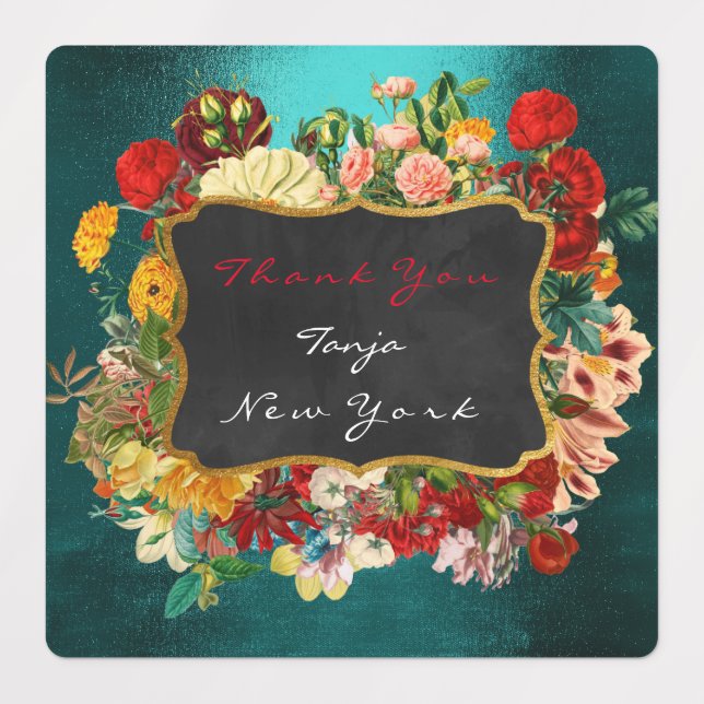 Thank You Gift Label Gold Teal Green Roses Floral (Design 1)