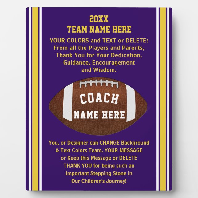 Thank You Gifts for Football Coaches Purple, Gold Plaque (Front)