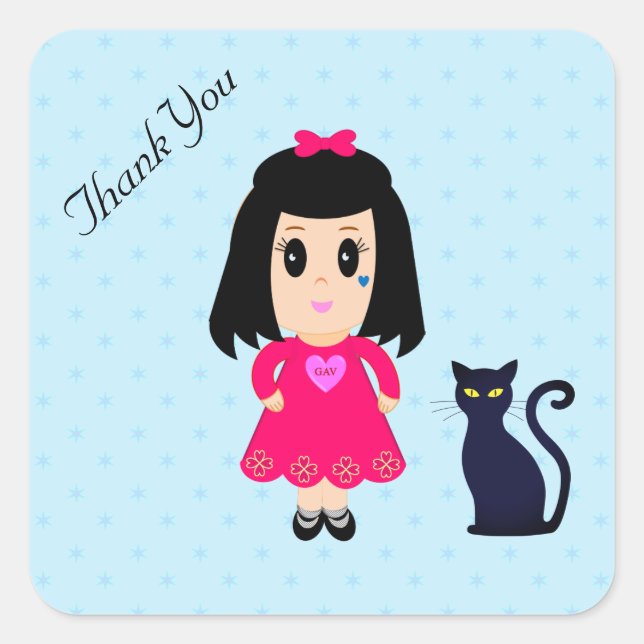 Thank You Girl and Cat with Stars on Light Blue Square Sticker (Front)