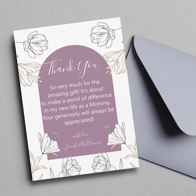 thank you girl baby shower purple arch floral card (Creator Uploaded)