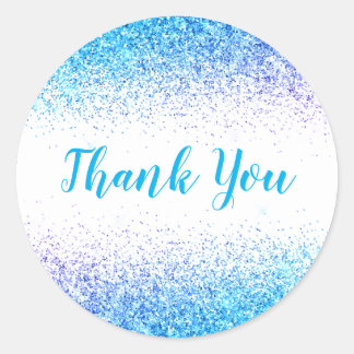 Thank You Glam Blue Glitter Elegant Girly Script Classic Round Sticker