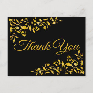Thank You Gold And Black Floral Swirl Postcard
