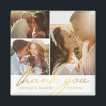 thank you gold calligraphy wedding 3 photo collage magnet<br><div class="desc">elegant thank you golden handwriting wedding three photos collage  Magnet, custom</div>