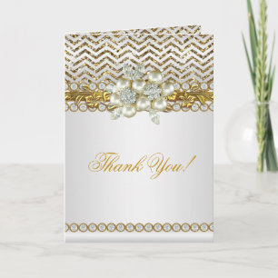 Thank You Gold Chevron White Diamond Pearl Card