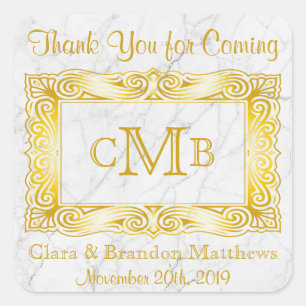 Thank You Gold Classic Monogram Frame White Marble Square Sticker