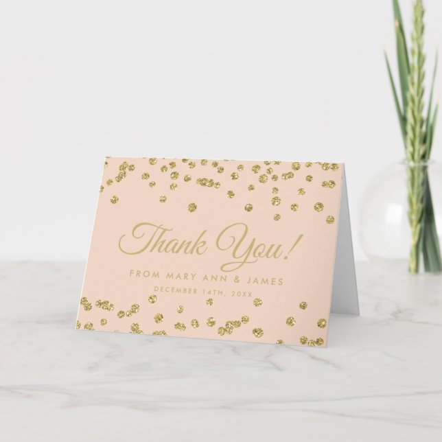 "Thank you" Gold Faux Glitter Confetti Blush Rose Thank You Card (Front)