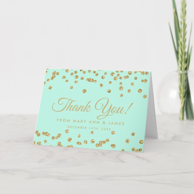 "Thank you" Gold Faux Glitter Confetti Mint Green Thank You Card (Front)