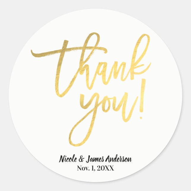 THANK YOU Gold Foil Modern Script Wedding Favour Classic Round Sticker (Front)