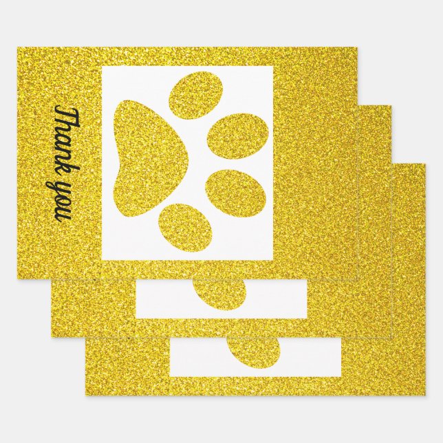 Thank You Gold Glitter Paw Prints Cute Holiday Wrapping Paper Sheet (Set)